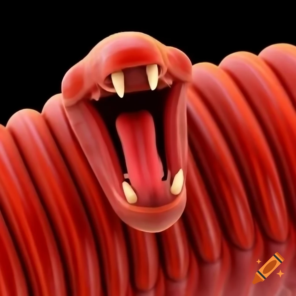 Highly detailed frontal view of a red worm with tripartite mouth